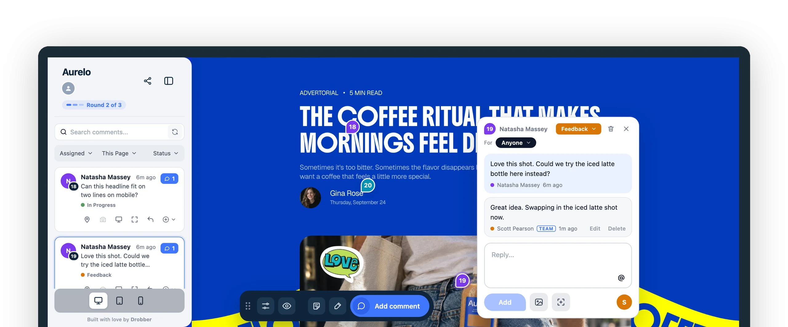 Drobber review mode on a website: comment pins, a threaded comment, stickers and the comment sidebar