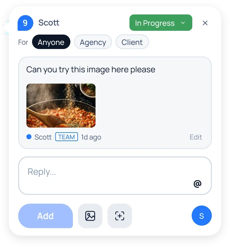 A comment from Scott asking to try a different image, marked In Progress