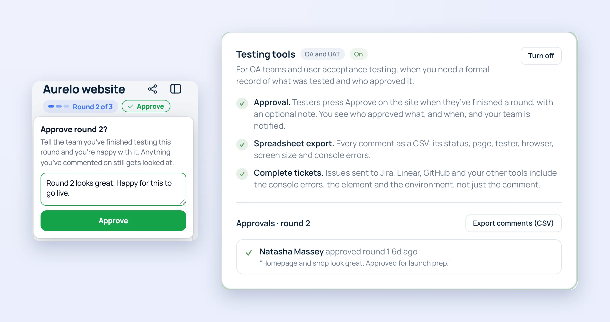 A tester approving round 2 in Drobber with a note, beside the Testing tools settings showing approval, CSV export and complete tickets, and an approval from round 1